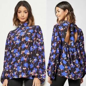 Ted Baker Ooma Tie-Neck Open Back Top in Black Floral, Size 00